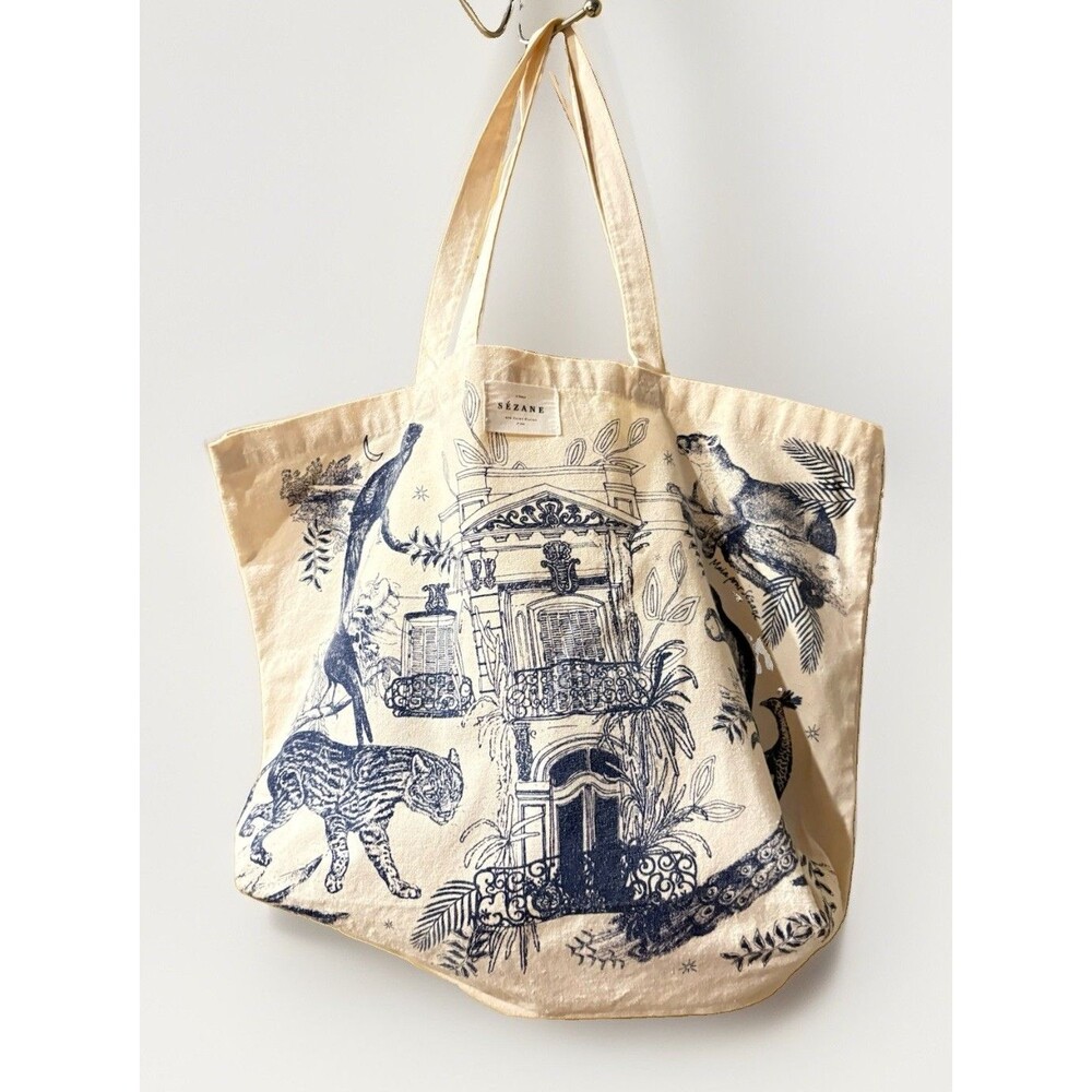 Sézane Paris Canvas Tote Bag Maria Pour Blue Illustrated Paradiso Jungle Print